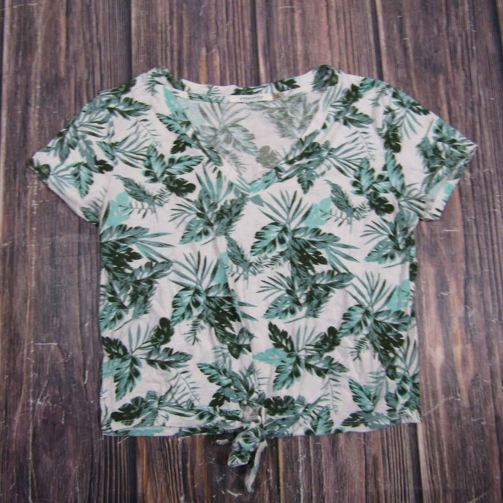 Emerette Womens S Green Floral Cropped V-Neck T-Shirt Lightweight Stretch